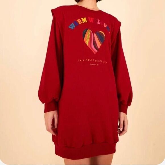 FARM Rio Warm Welcome Sweatdress Sweatshirt Dress Red Rainbow Heart Size M - Picture 1 of 16